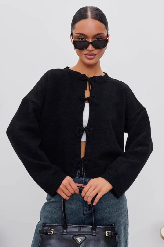 Tie Front Crew Neck Relaxed Knit Cardigan