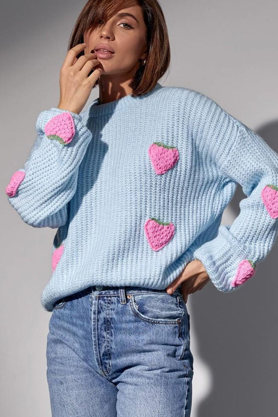 Strawberry Appliqué Chunky Knit Sweater