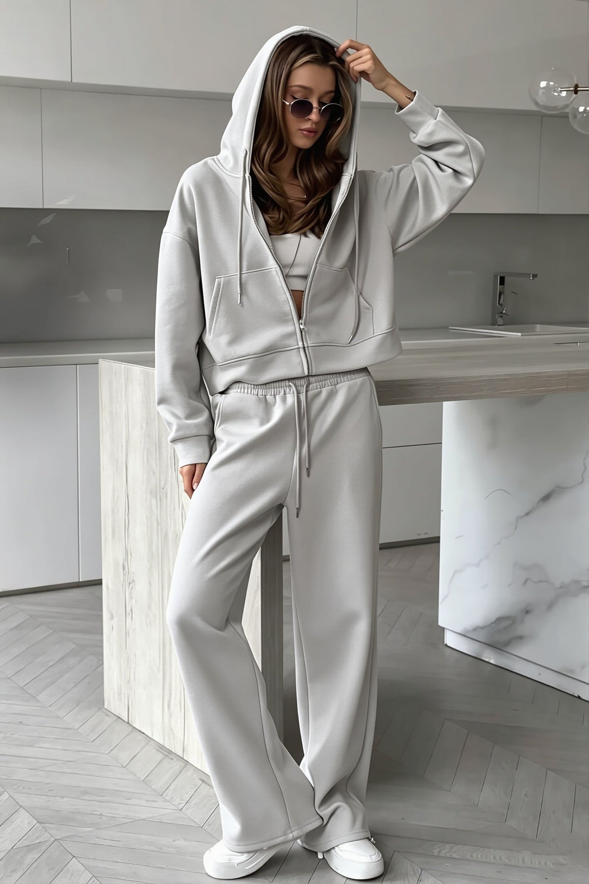 Zip Hoodie and Wide Leg Sweatpants Set