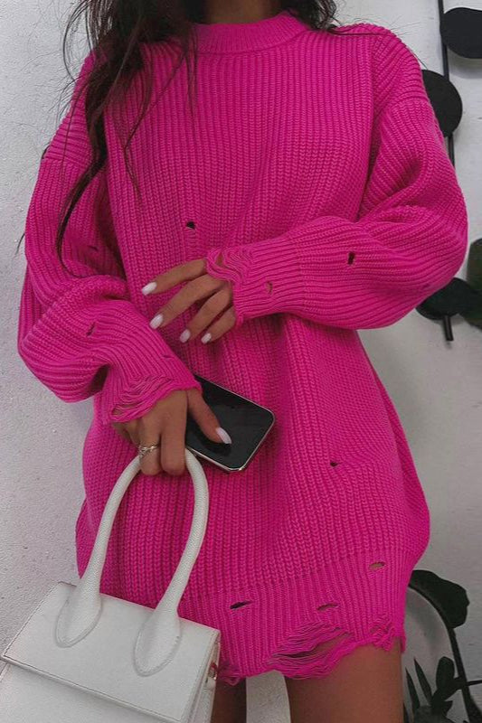 Distressed Hem Turtleneck Oversized Knit Sweater