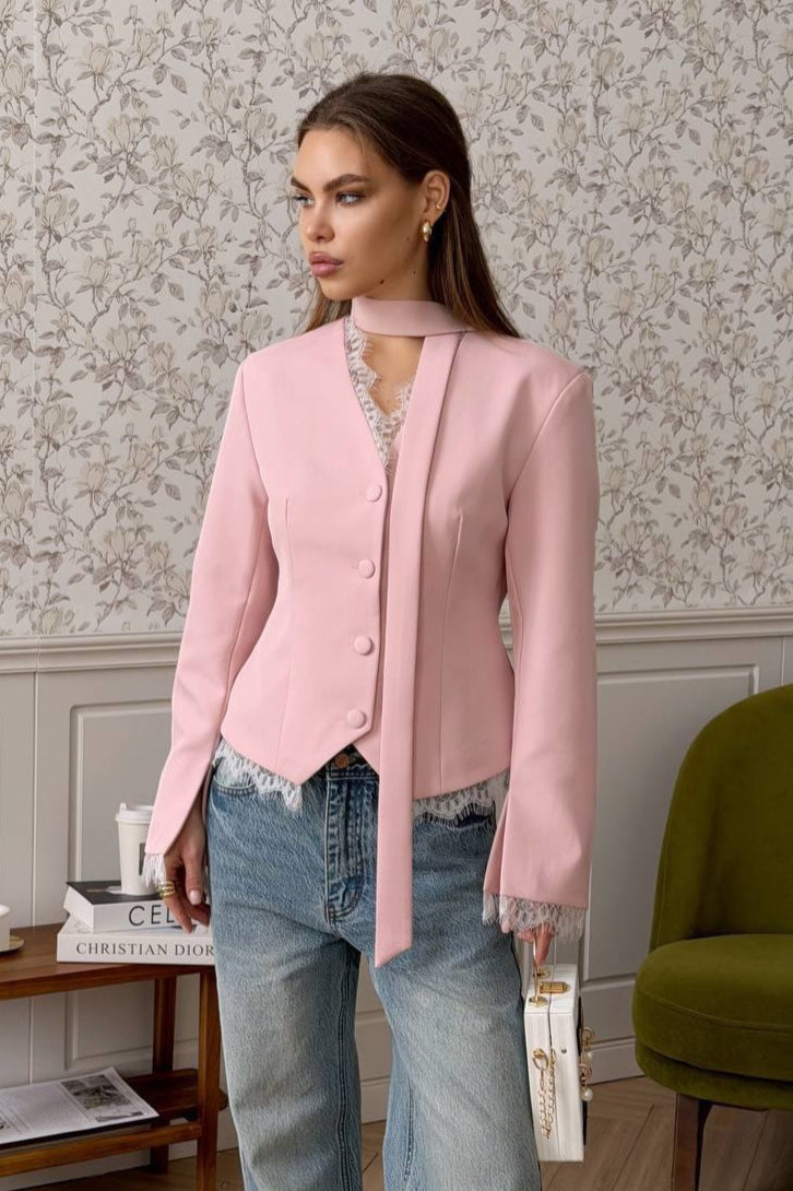 Lace Trim Stand Collar Fitted Blazer
