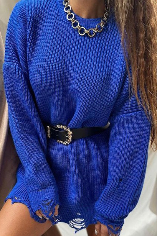 Distressed Hem Turtleneck Oversized Knit Sweater