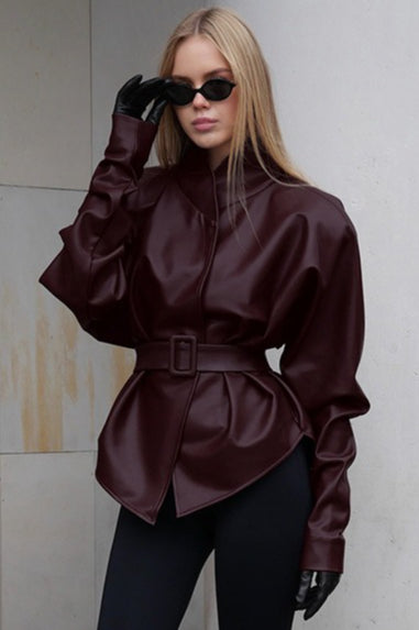 Burgundy Stand Collar Belted Faux Leather Jacket