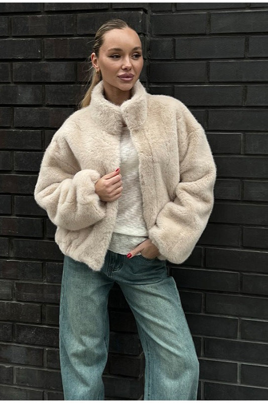 Stand Collar Faux Fur Cropped Jacket
