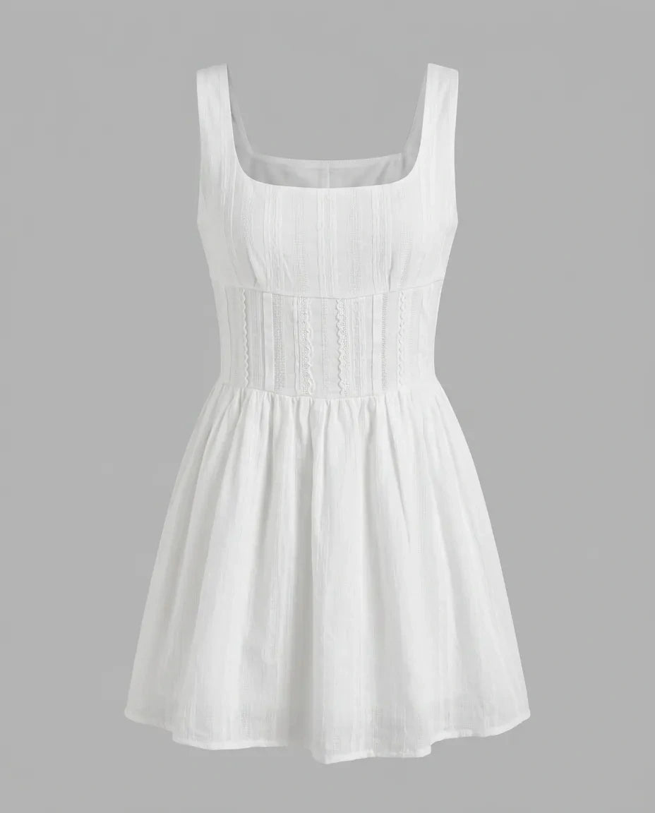 Full front product view of the white Amelie Mini Dress on a neutral gray background