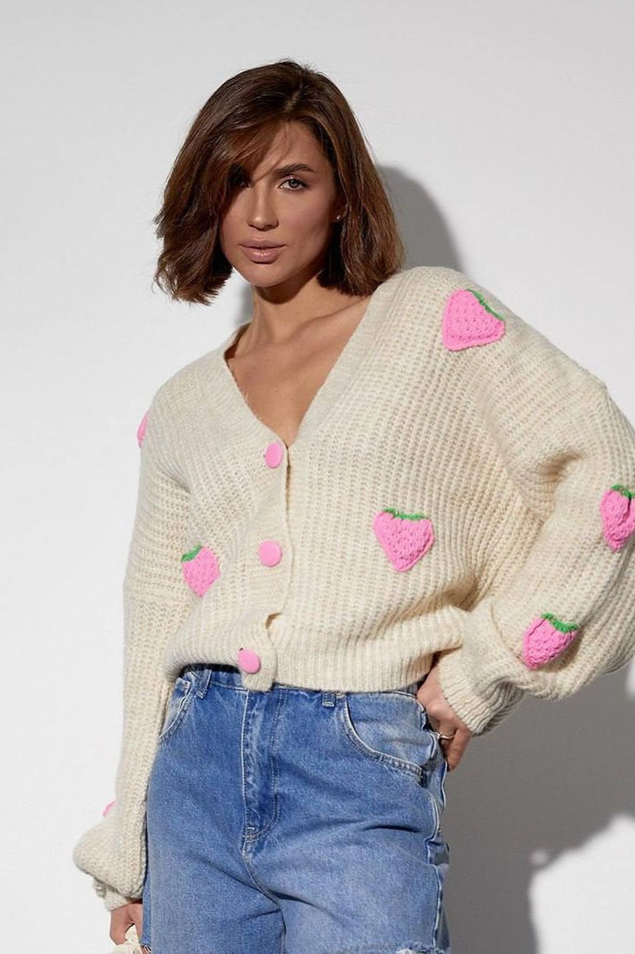 Strawberry Appliqué Chunky Knit Sweater