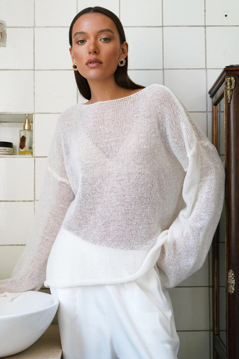 Sheer Boat Neck Bell Sleeve Knit Sweater