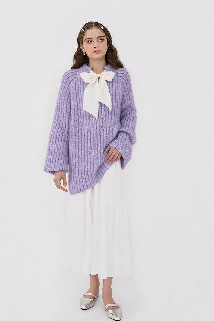 French-Style Bow Sequin Soft Luxe Lazy-Style Loose Knit Sweater