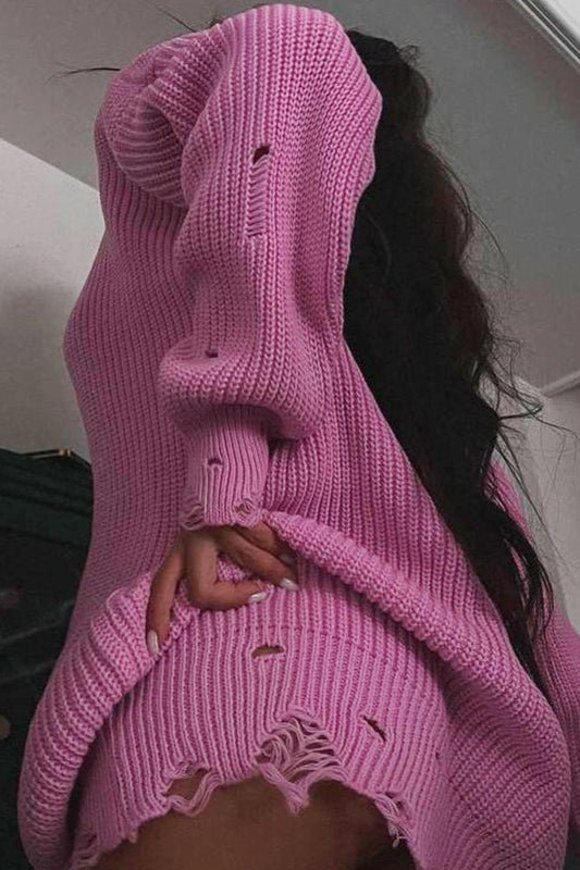 Distressed Hem Turtleneck Oversized Knit Sweater