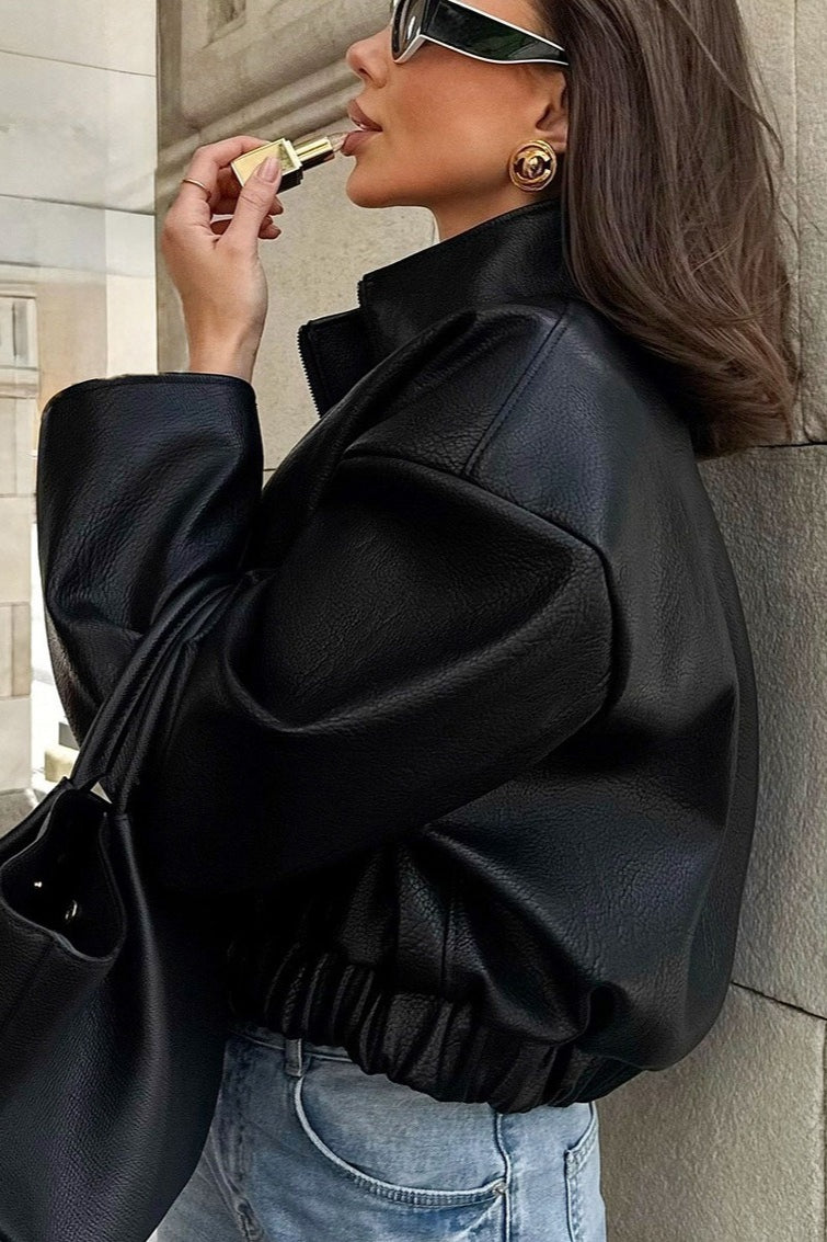 Cropped Stand Collar Faux Leather Jacket