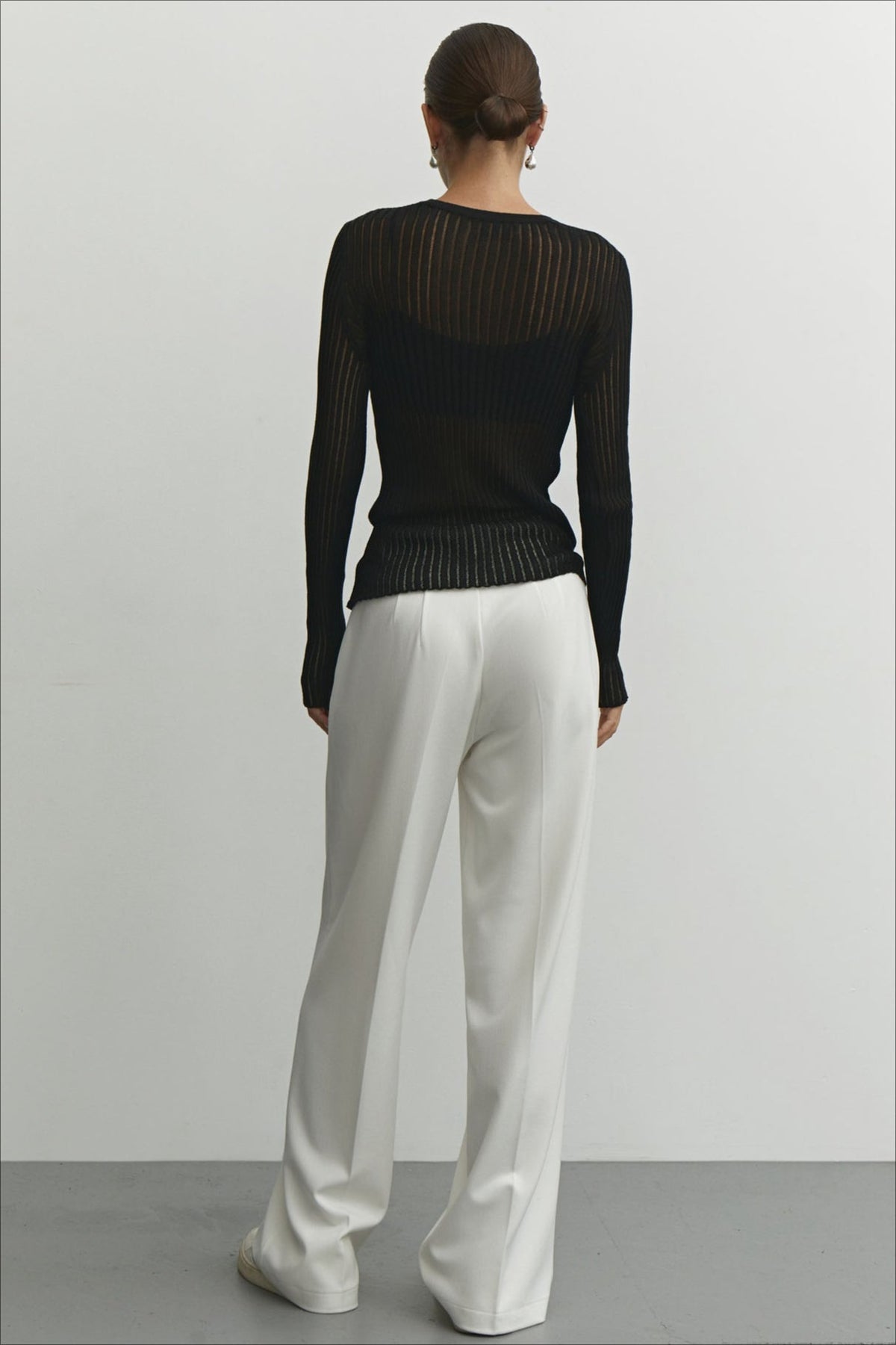 Ribbed Openwork Crew Neck Knit Sweater