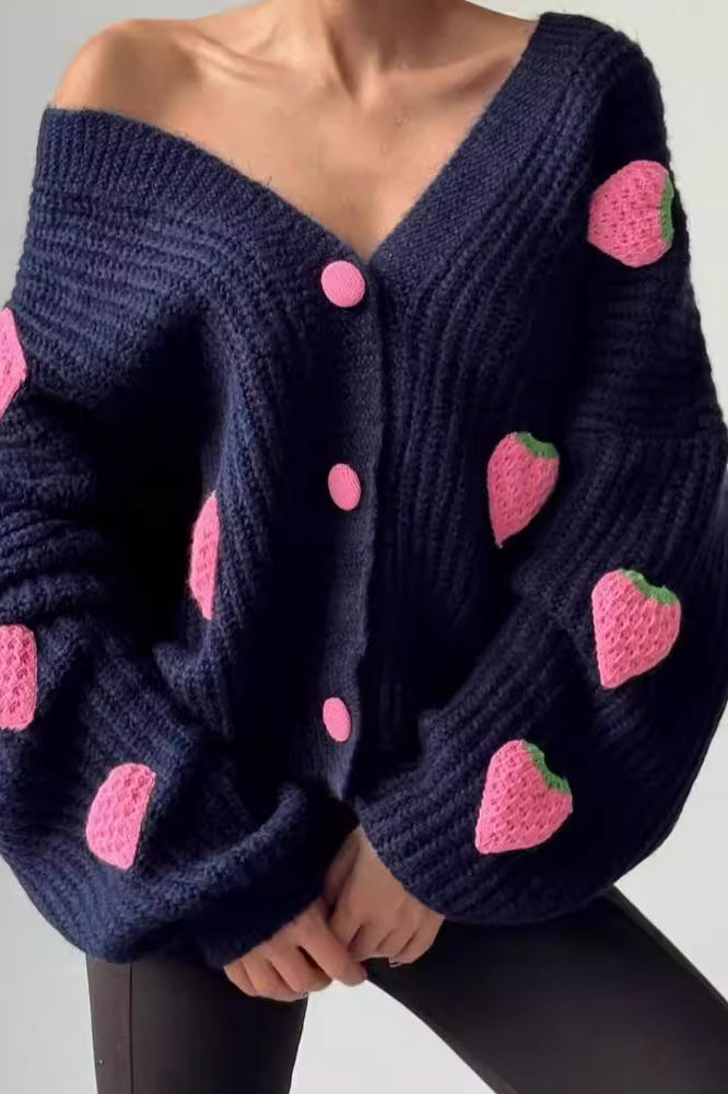 Strawberry Appliqué Chunky Knit Sweater