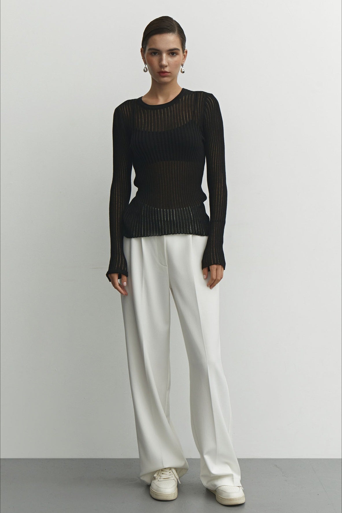 Ribbed Openwork Crew Neck Knit Sweater