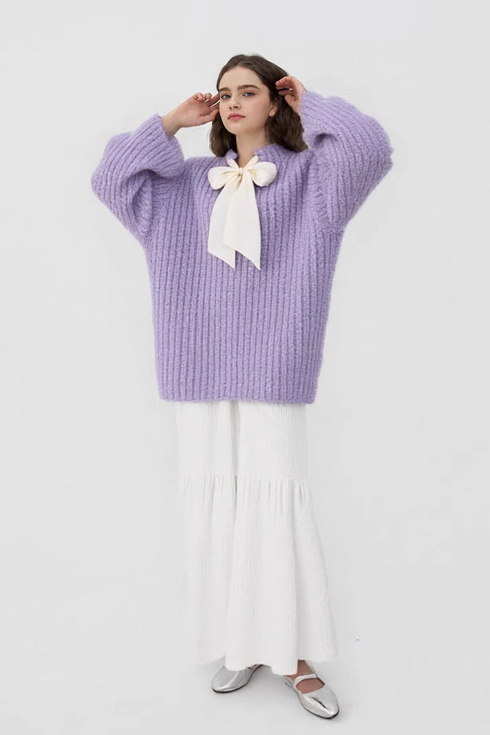 French-Style Bow Sequin Soft Luxe Lazy-Style Loose Knit Sweater