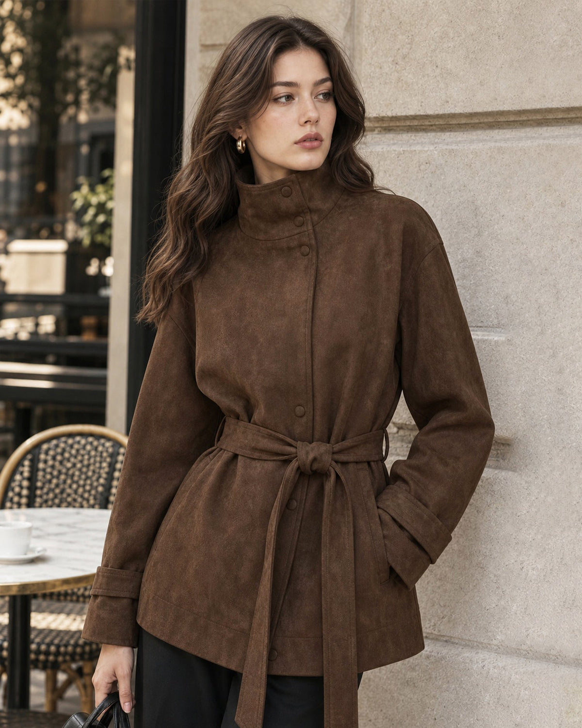 Coffee Single Breasted Tie Pockets Jacket