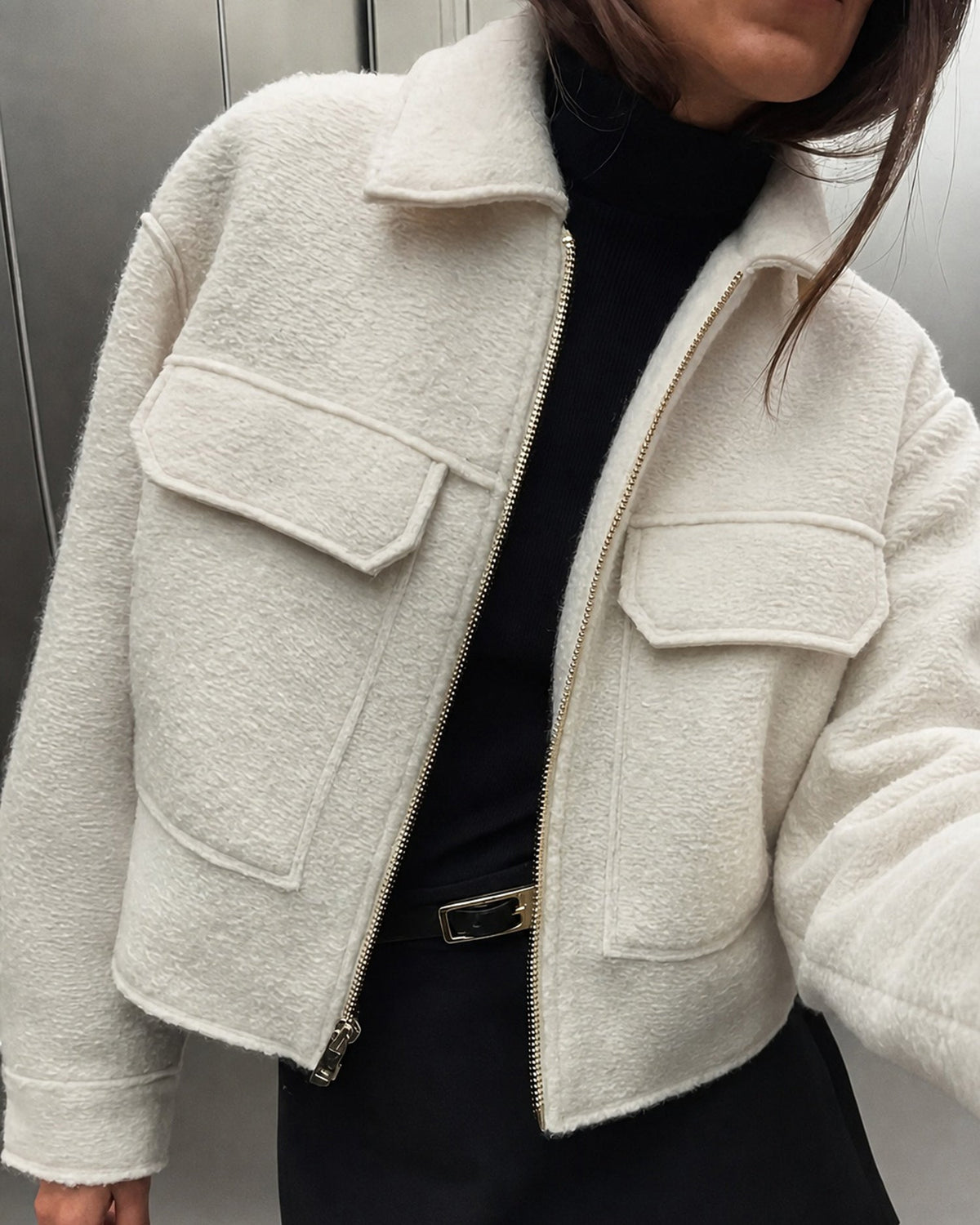Off White Solid Zipper Pockets Jacket