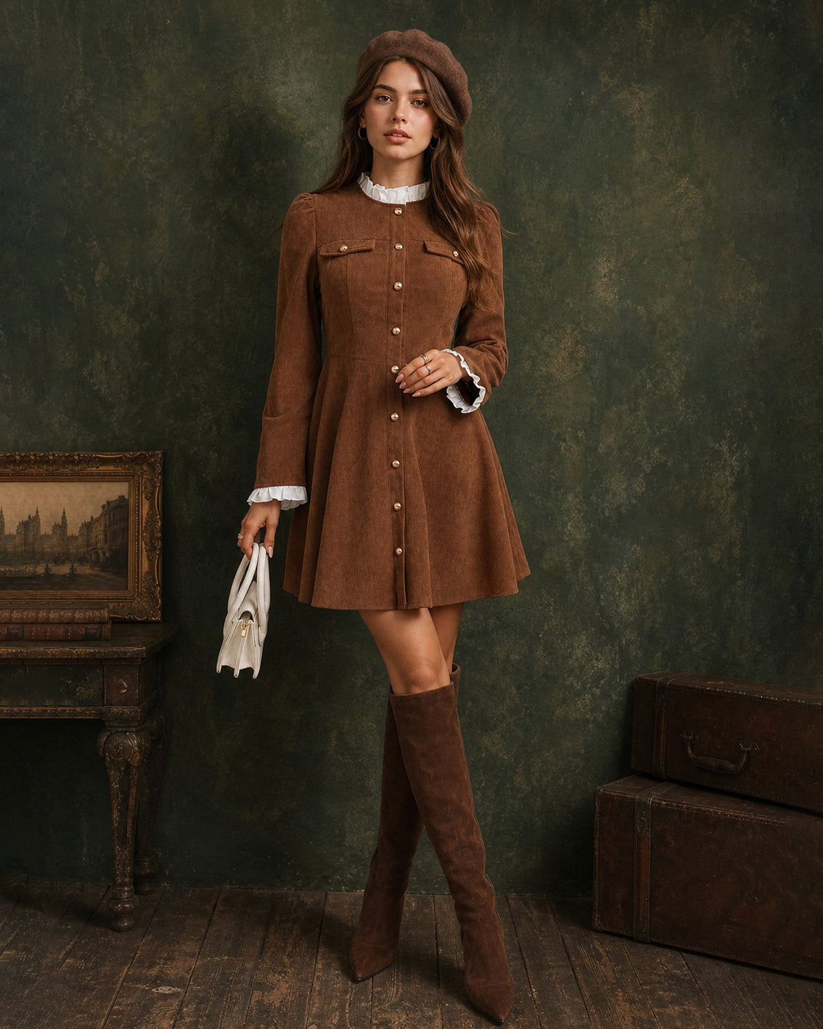 Brown Ruffled Contrasting Button Mini Dress