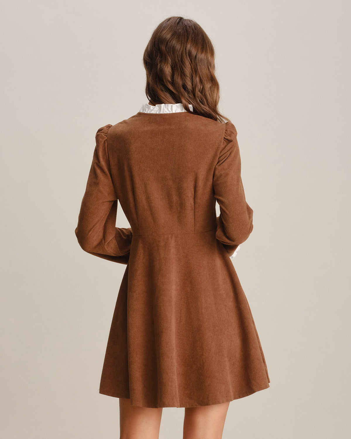 Brown Ruffled Contrasting Button Mini Dress