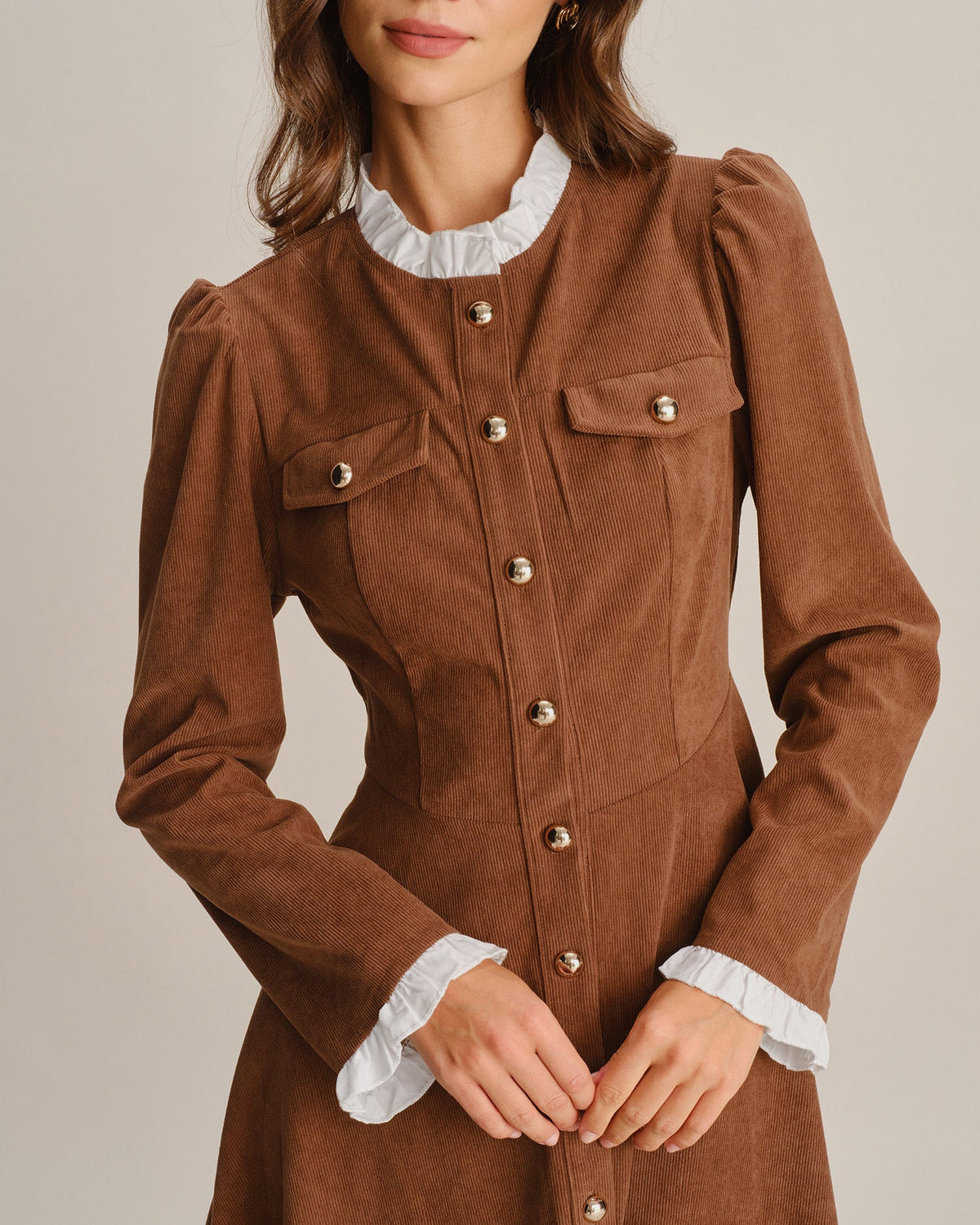 Brown Ruffled Contrasting Button Mini Dress
