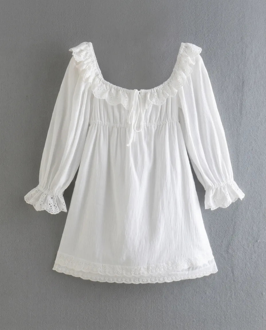Elodie Ruffle Mini Dress in white, detail view 1