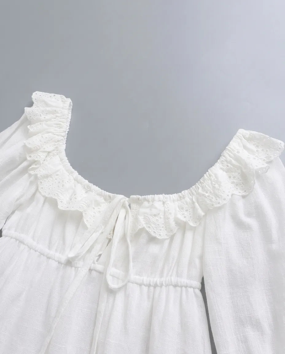 Elodie Ruffle Mini Dress in white, detail view 2
