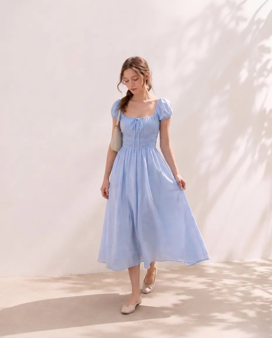 Full-length view of the Celeste Midi Dress in blue