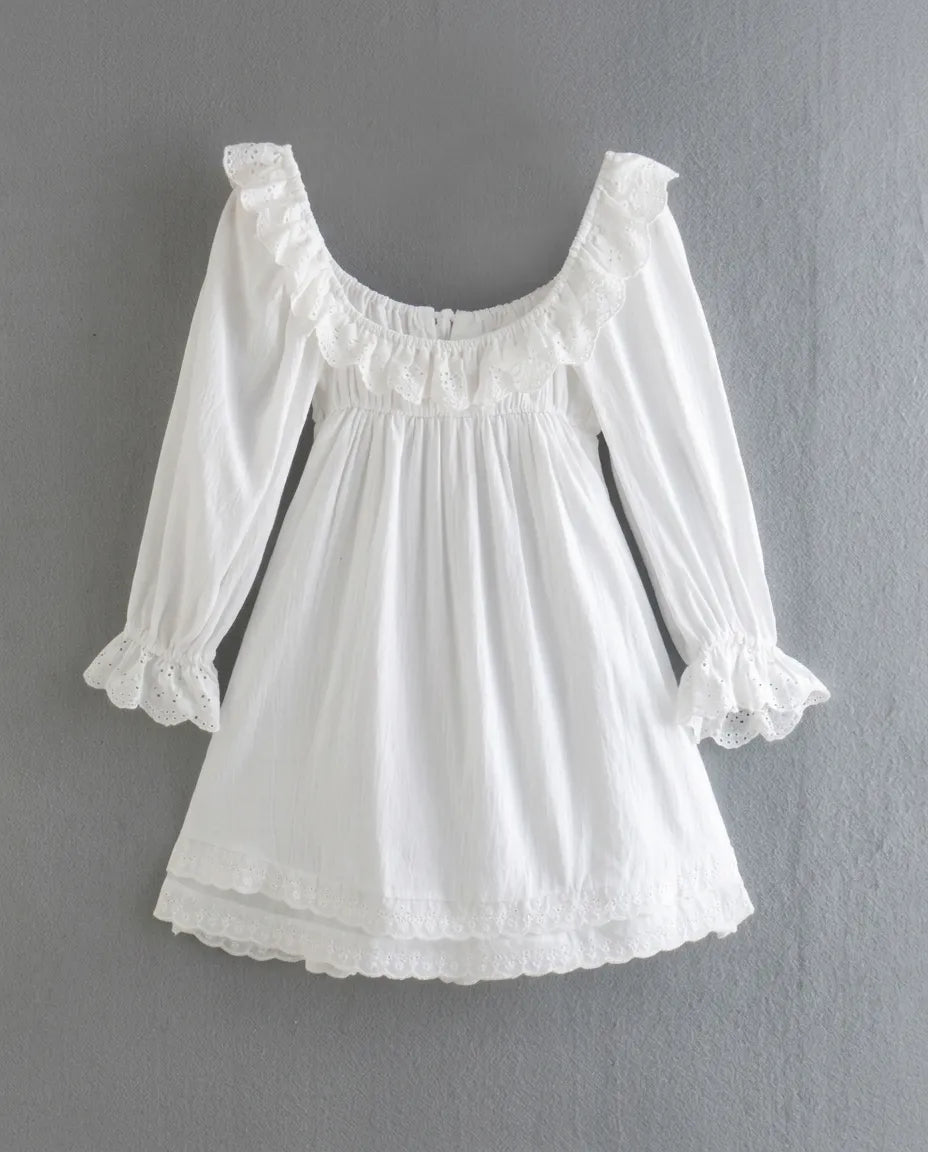 Elodie Ruffle Mini Dress in white, detail view 3