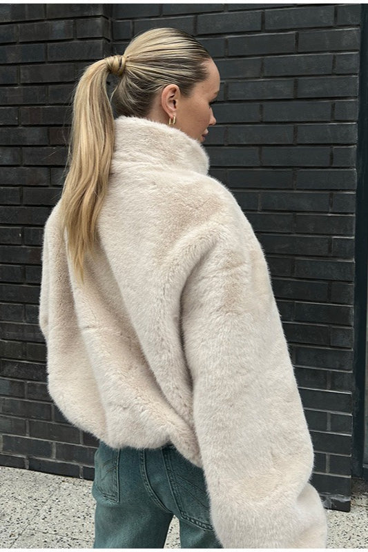 Stand Collar Faux Fur Cropped Jacket
