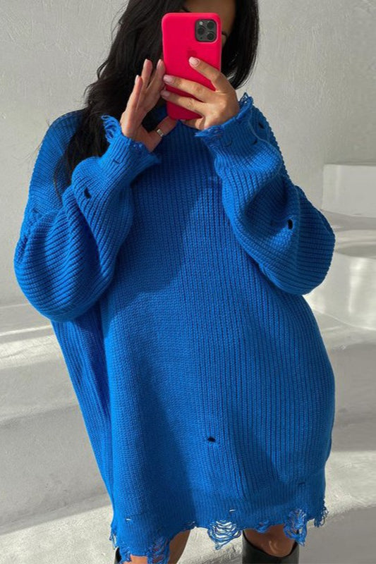 Distressed Hem Turtleneck Oversized Knit Sweater