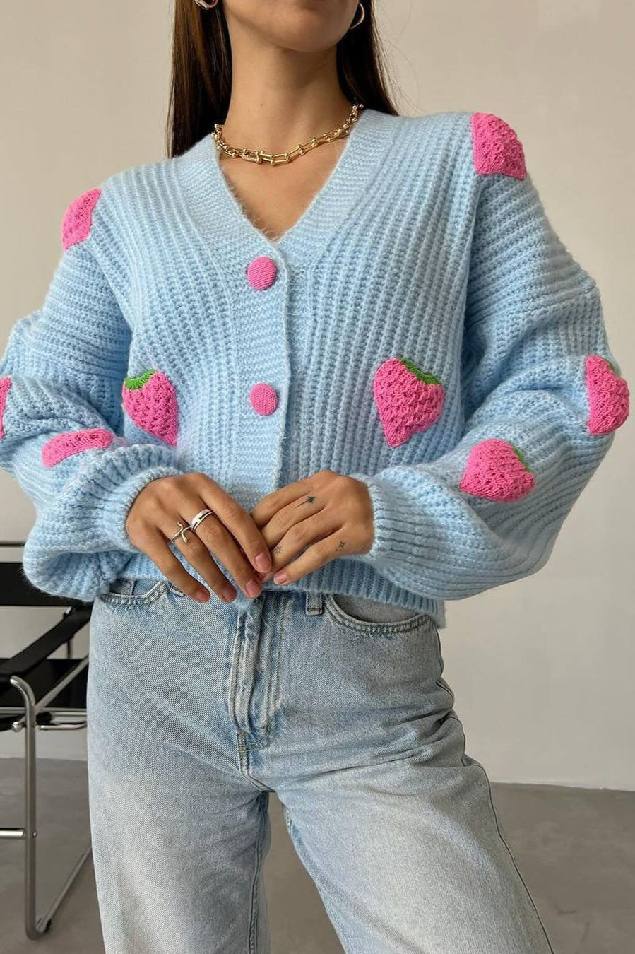 Strawberry Appliqué Chunky Knit Sweater