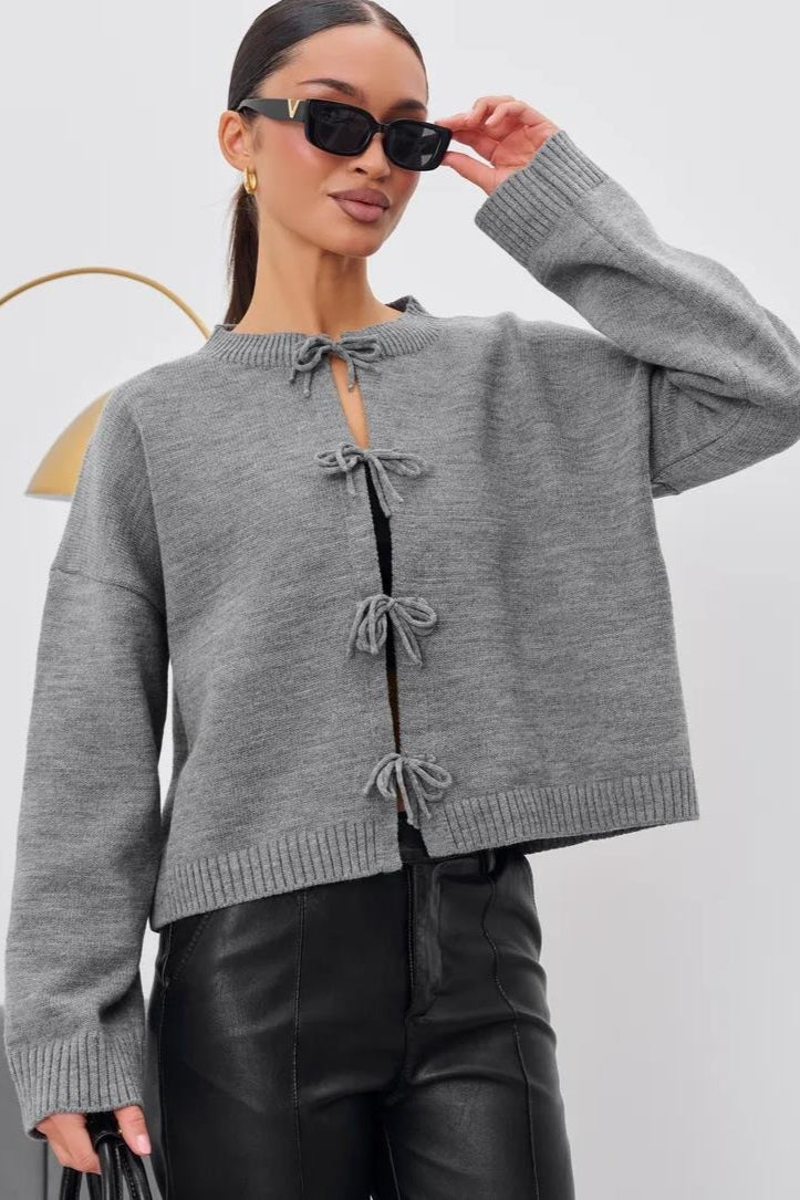 Tie Front Crew Neck Relaxed Knit Cardigan
