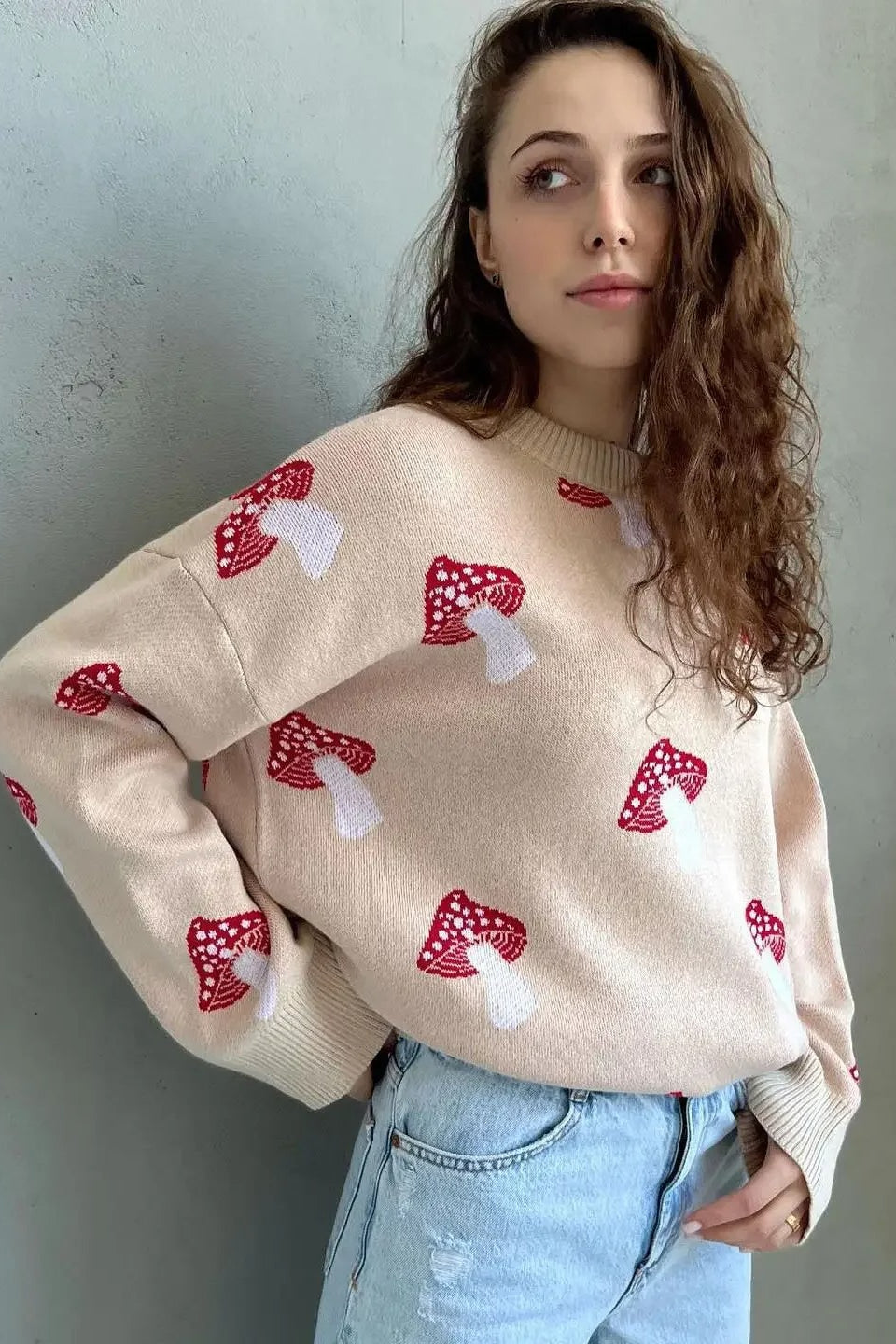 Mushroom Jacquard Knit Sweater