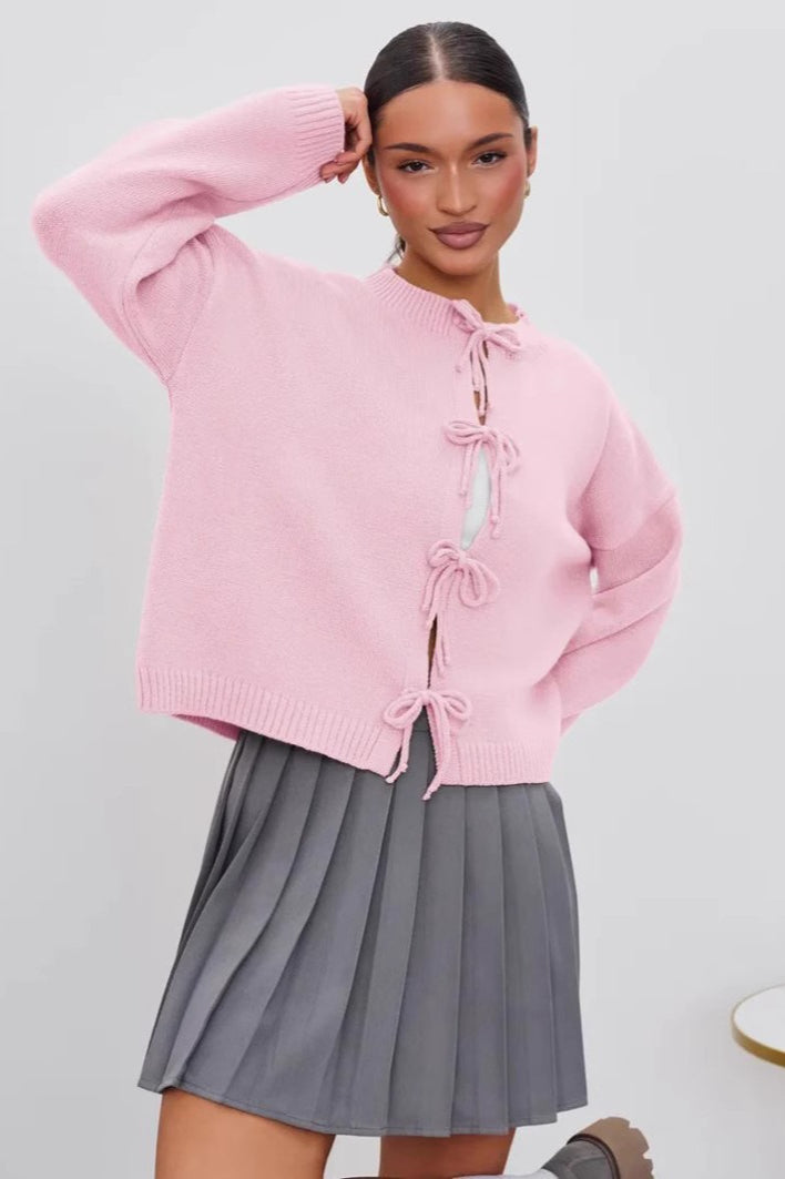 Tie Front Crew Neck Relaxed Knit Cardigan