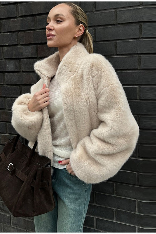 Stand Collar Faux Fur Cropped Jacket