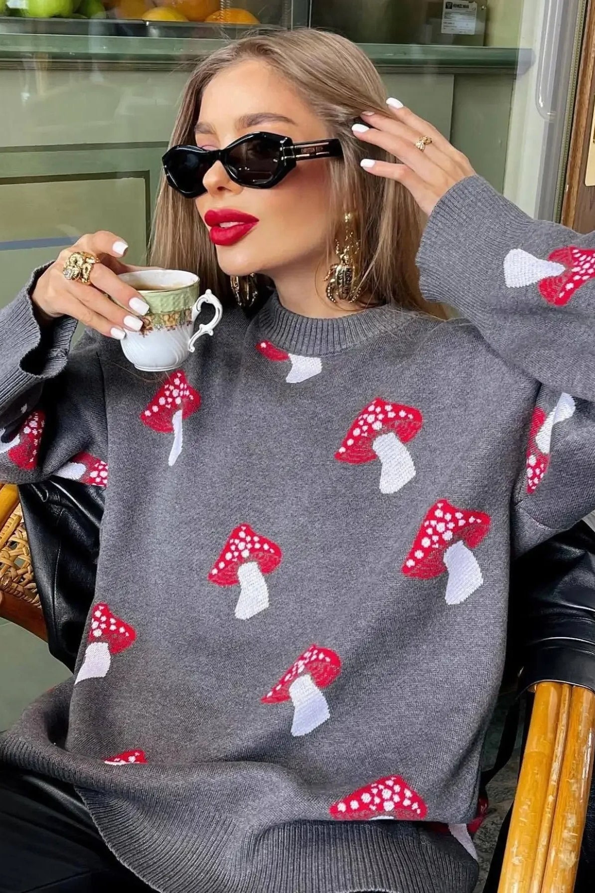 Mushroom Jacquard Knit Sweater