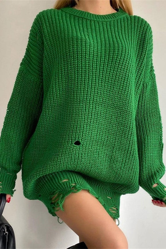 Distressed Hem Turtleneck Oversized Knit Sweater