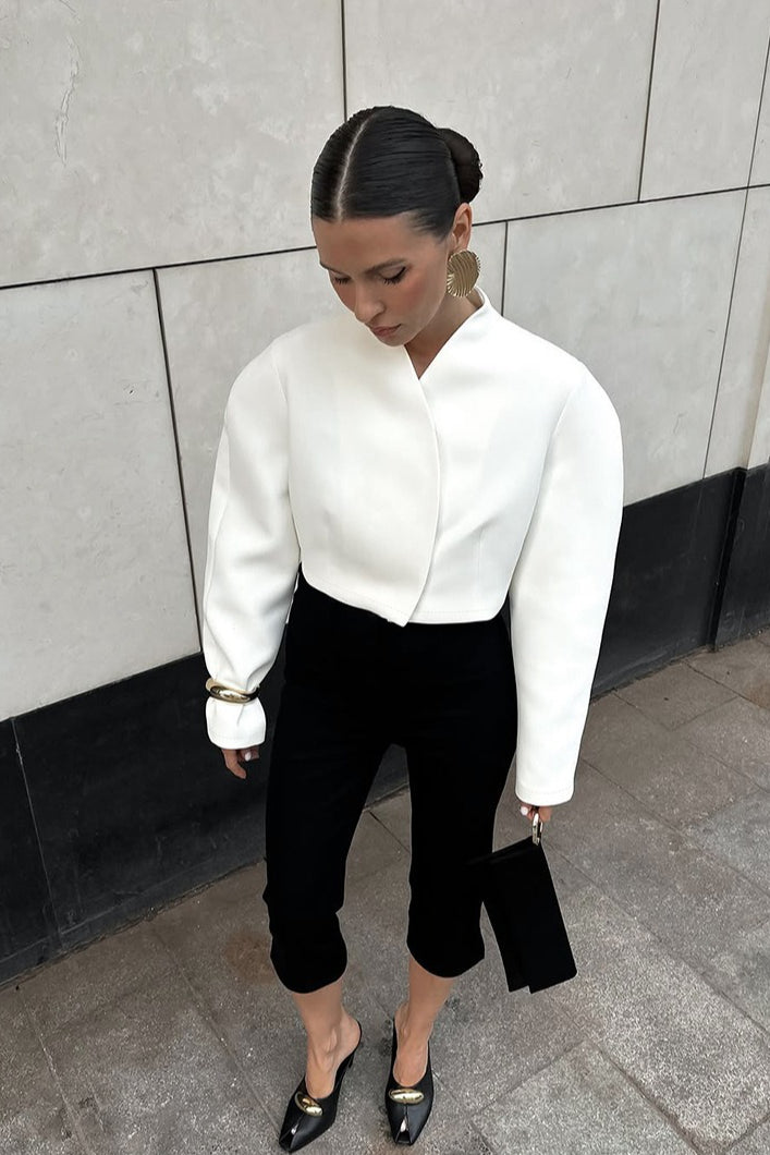 White Cropped Stand Collar Jacket