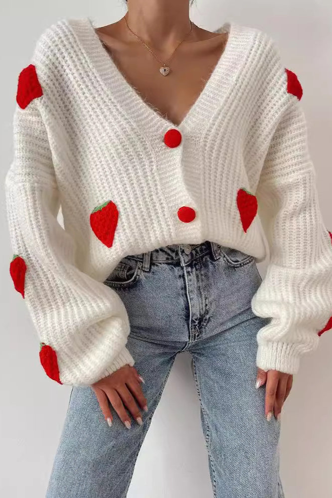Strawberry Appliqué Chunky Knit Sweater