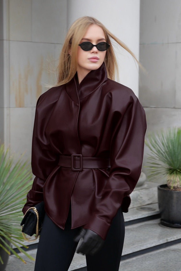 Burgundy Stand Collar Belted Faux Leather Jacket