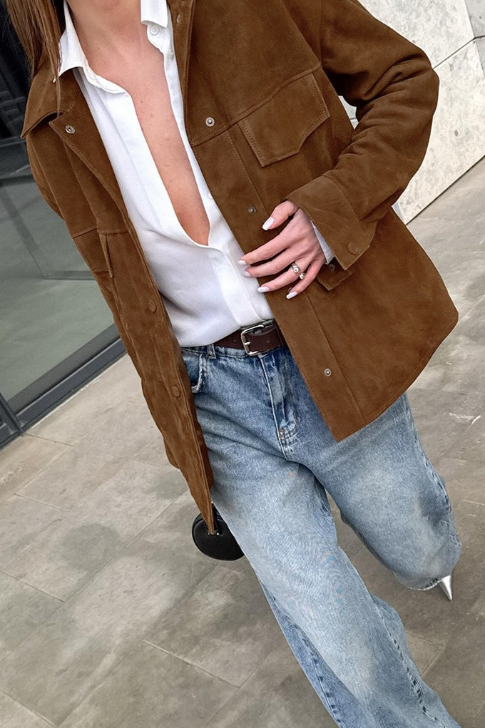 Cinched Waist Faux Suede Utility Jacket