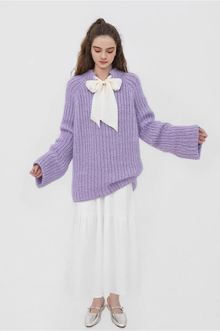 French-Style Bow Sequin Soft Luxe Lazy-Style Loose Knit Sweater