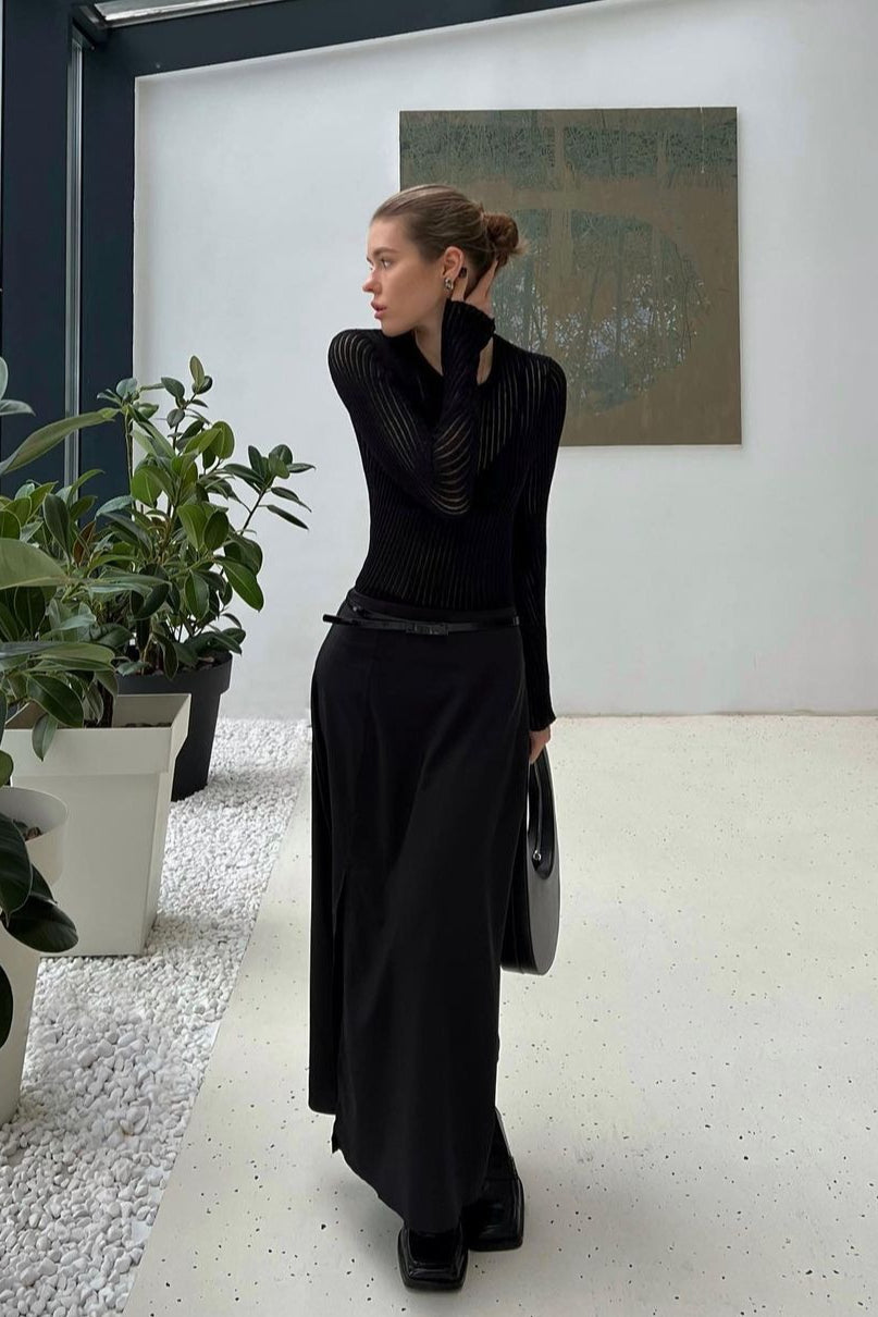 Ribbed Openwork Crew Neck Knit Sweater