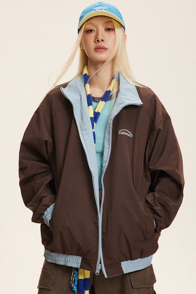 Reversible Stand Collar Colorblock Jacket