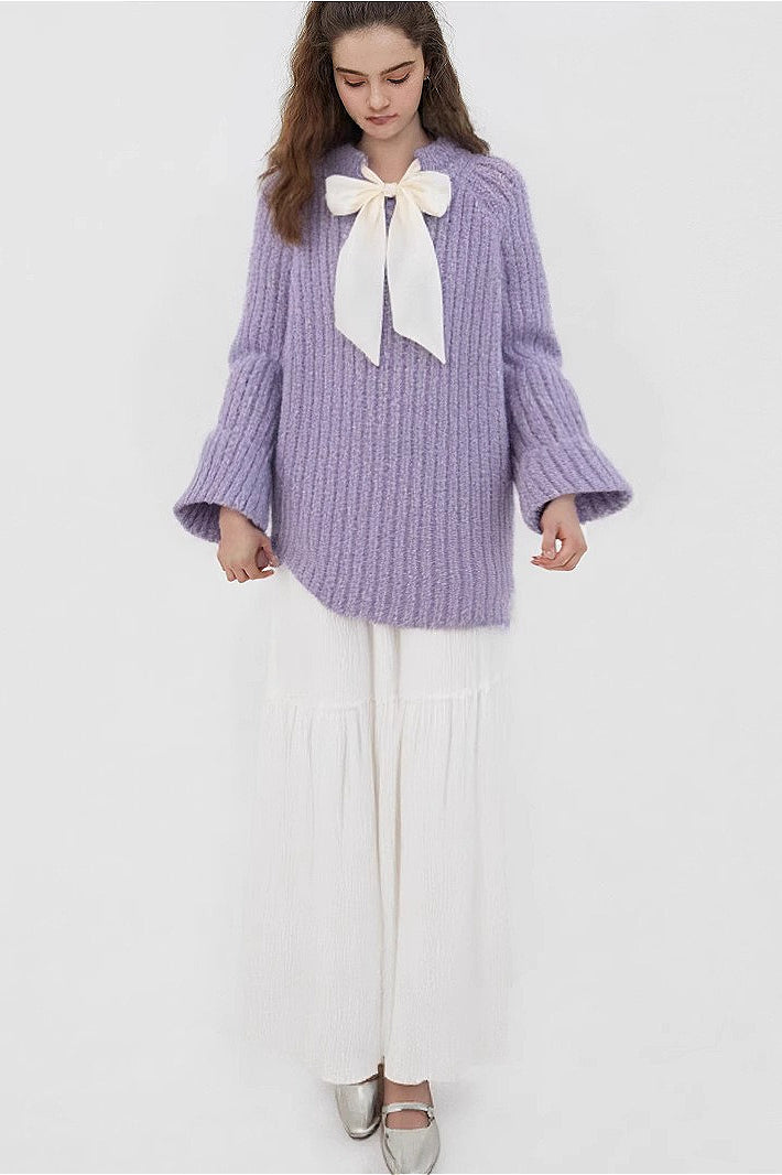 French-Style Bow Sequin Soft Luxe Lazy-Style Loose Knit Sweater