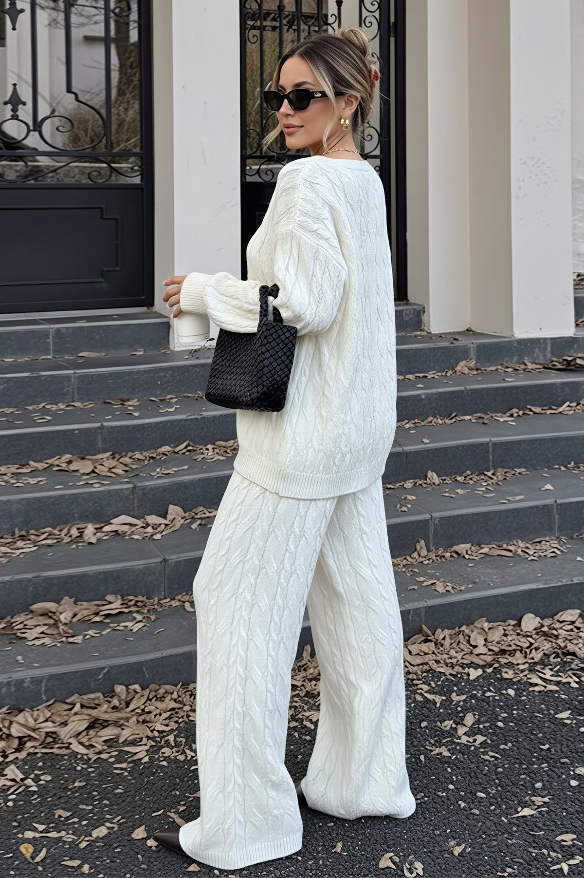 Solid Cable Knit V Neck Sweater Pants Set