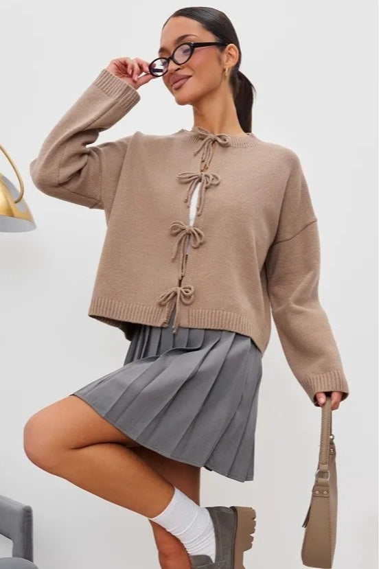 Tie Front Crew Neck Relaxed Knit Cardigan