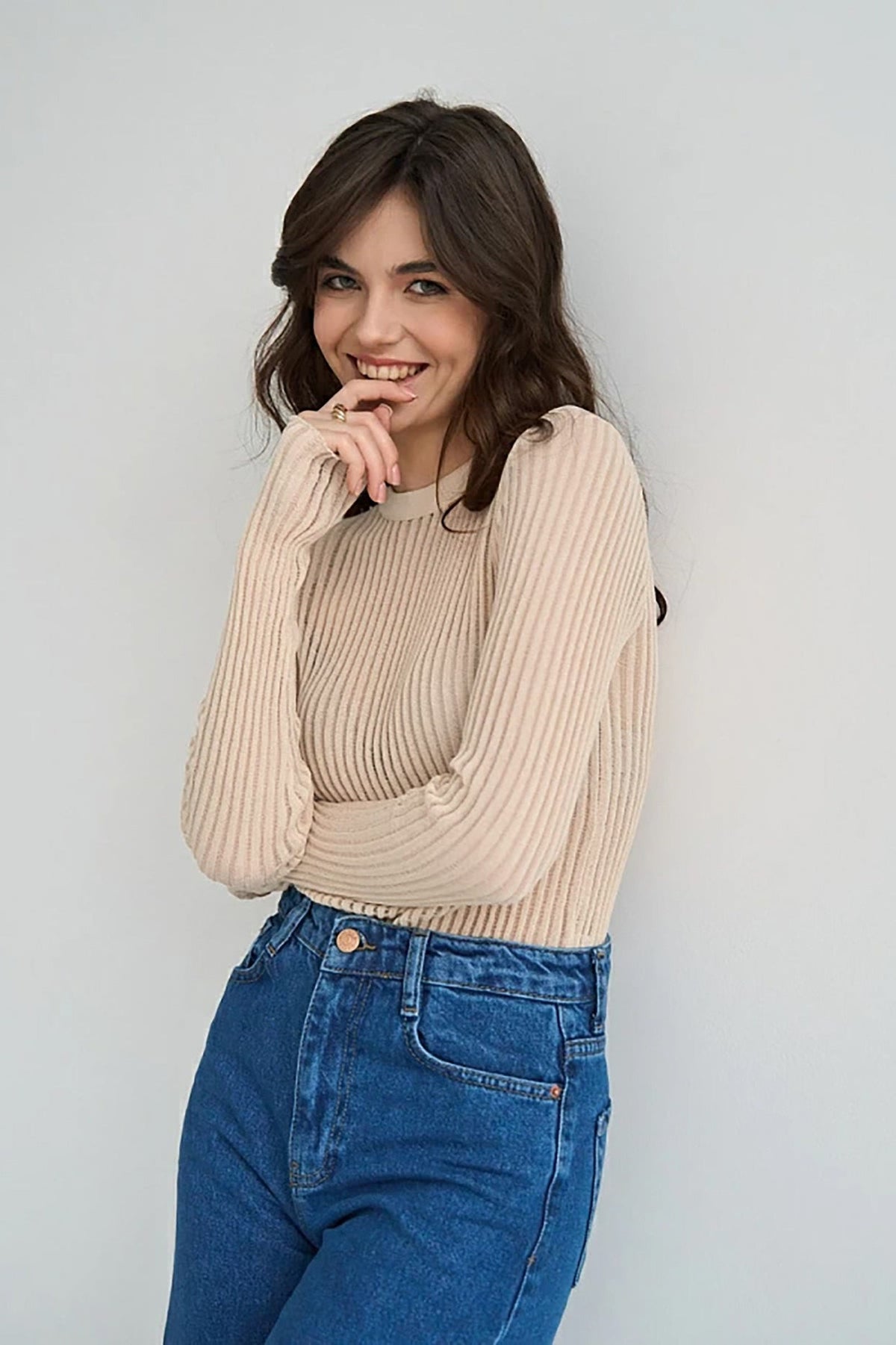 Ribbed Openwork Crew Neck Knit Sweater