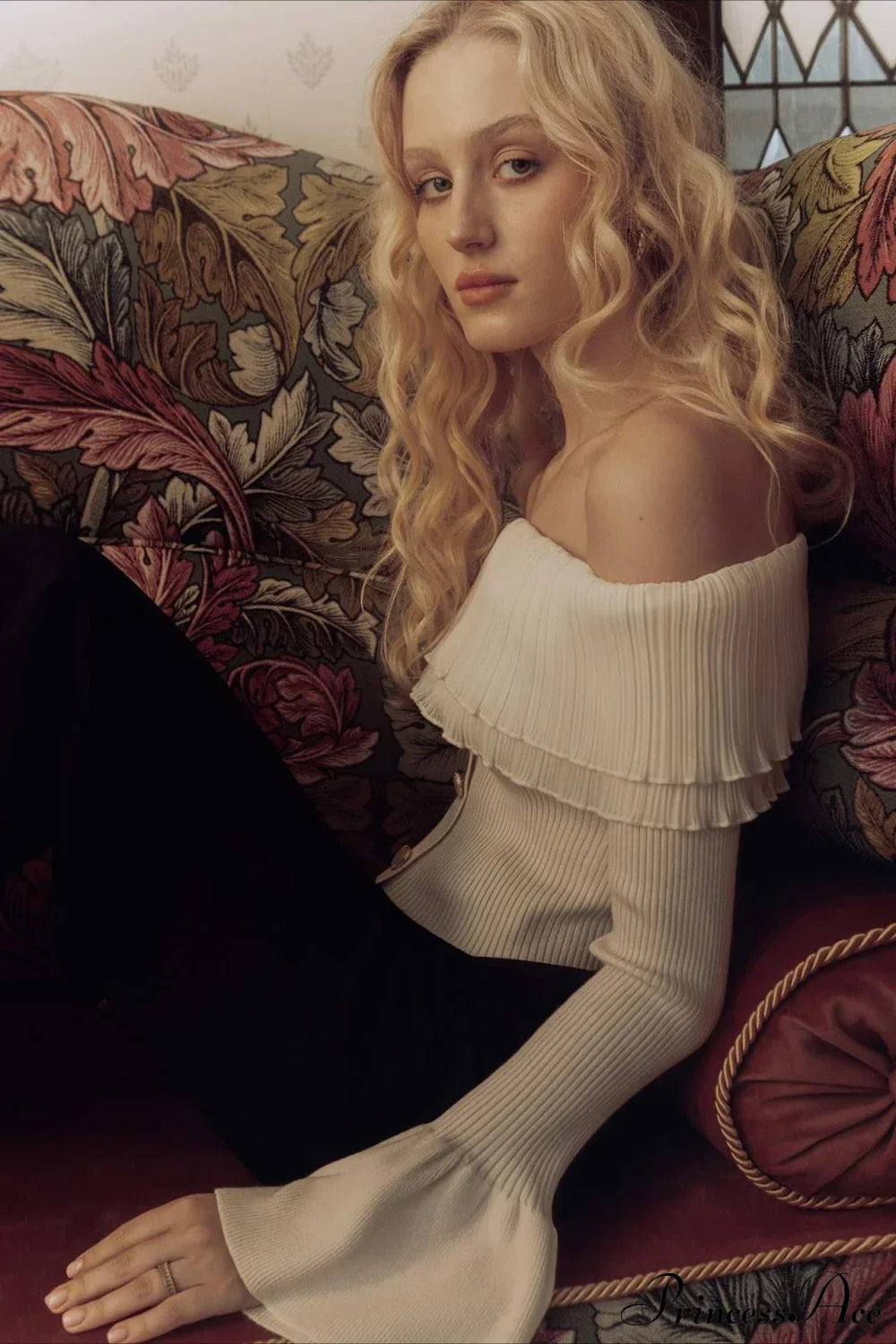 Off-the-Shoulder French Button-Panel Knit Sweater