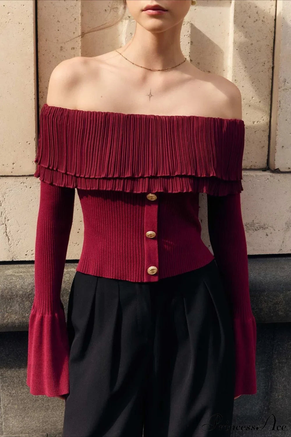 Off-the-Shoulder French Button-Panel Knit Sweater