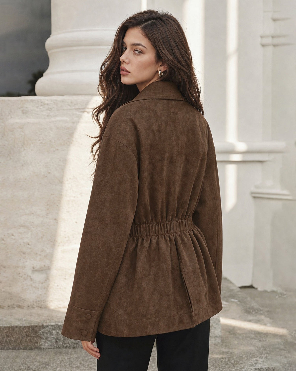 Coffee Single Breasted Tie Pockets Jacket